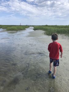 Boy explores marsh on Disappearing Island with lighthouse in background