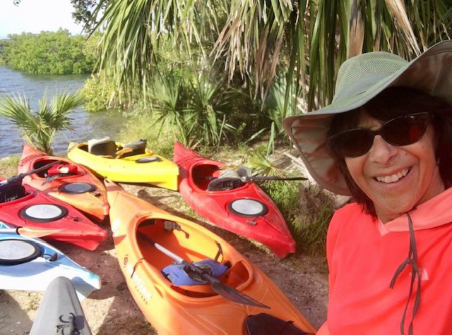 Susan gets ready to kayak at Browns Bay